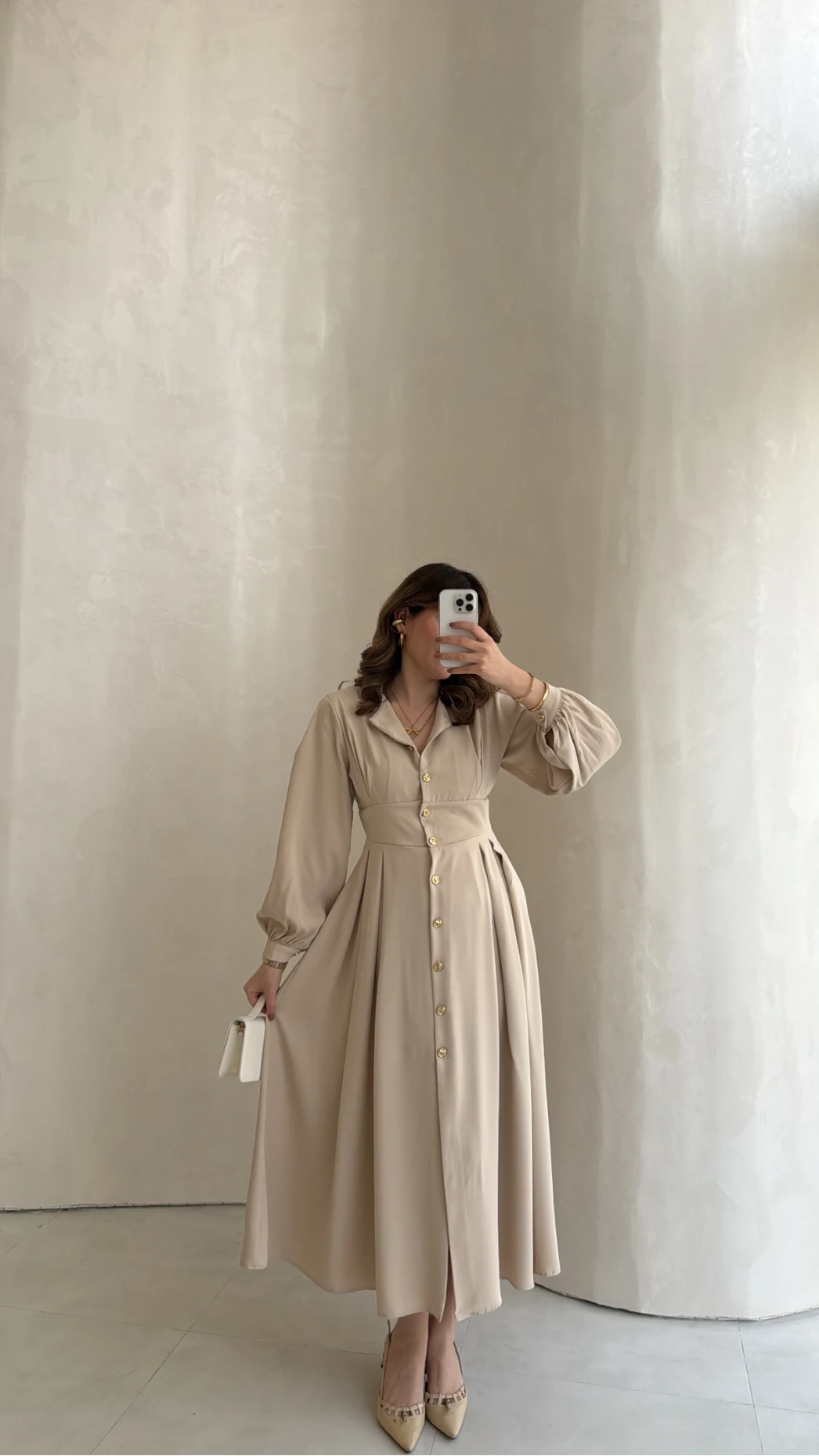 Naples Balon Kol Bel Detay Düğmeli Elbise - Taş - Kod: 4191