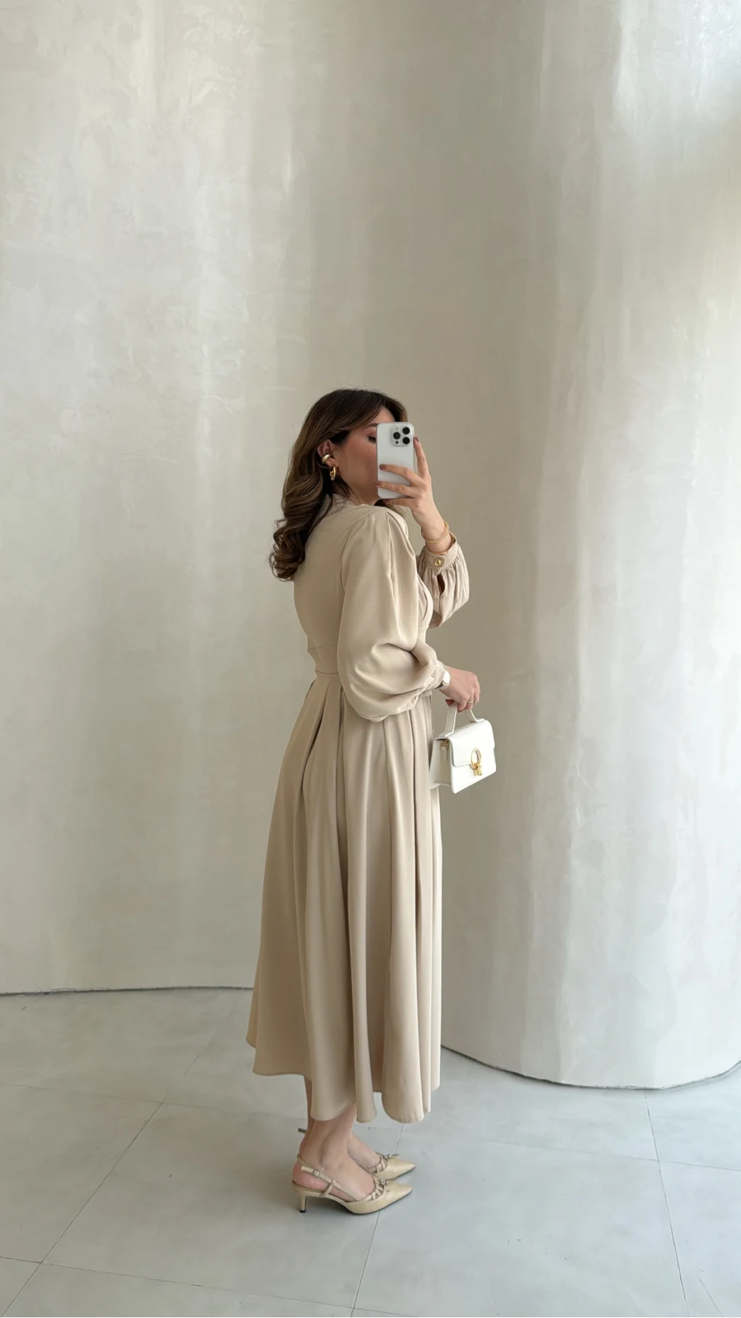 Naples Balon Kol Bel Detay Düğmeli Elbise - Taş - Kod: 4191