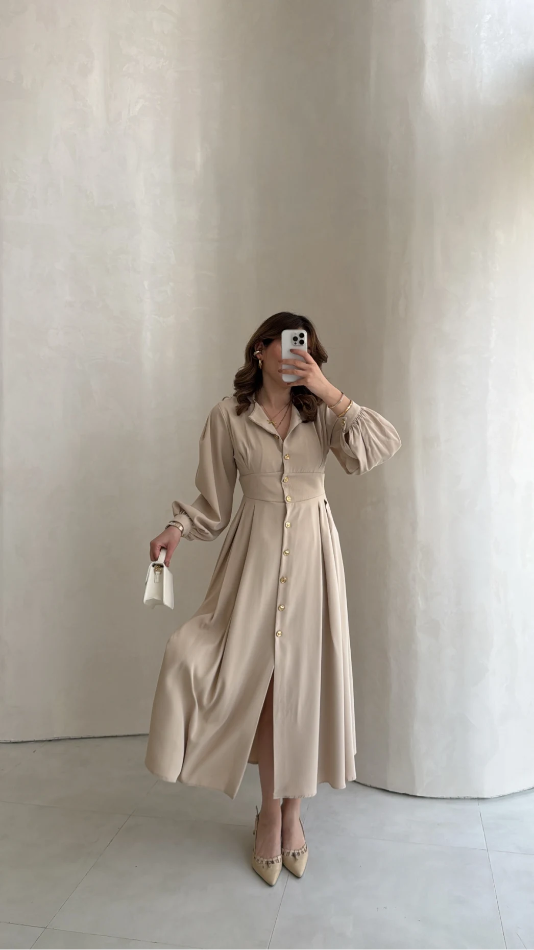 Naples Balon Kol Bel Detay Düğmeli Elbise - Taş - Kod: 4191