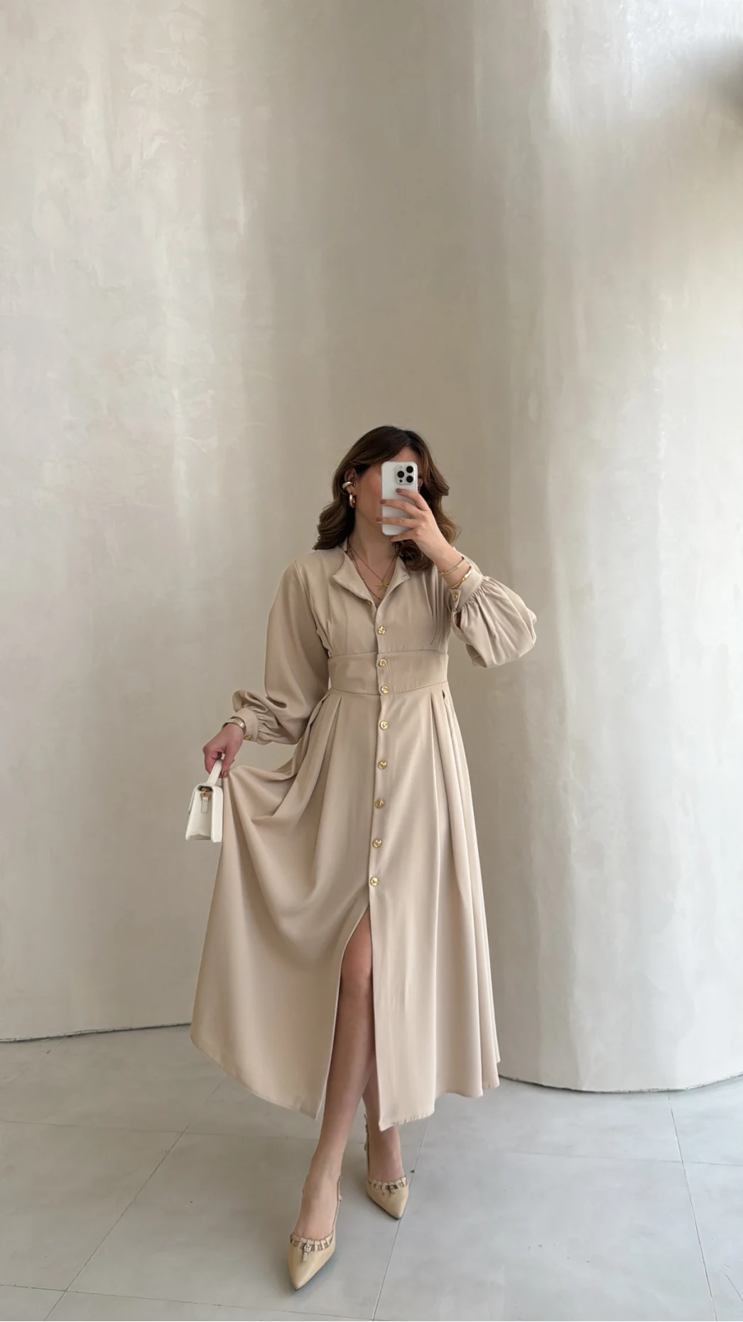 Naples Balon Kol Bel Detay Düğmeli Elbise - Taş - Kod: 4191