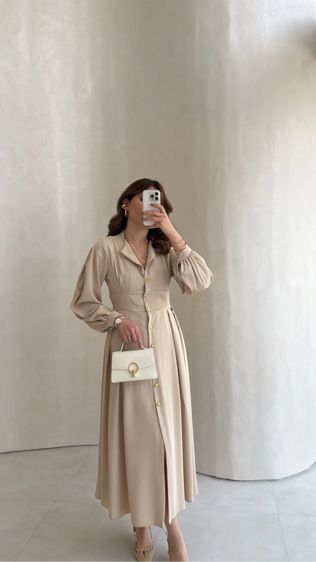 Naples Balon Kol Bel Detay Düğmeli Elbise - Taş - Kod: 4191