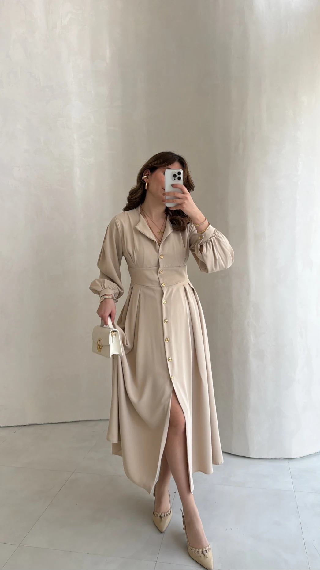 Naples Balon Kol Bel Detay Düğmeli Elbise - Taş - Kod: 4191