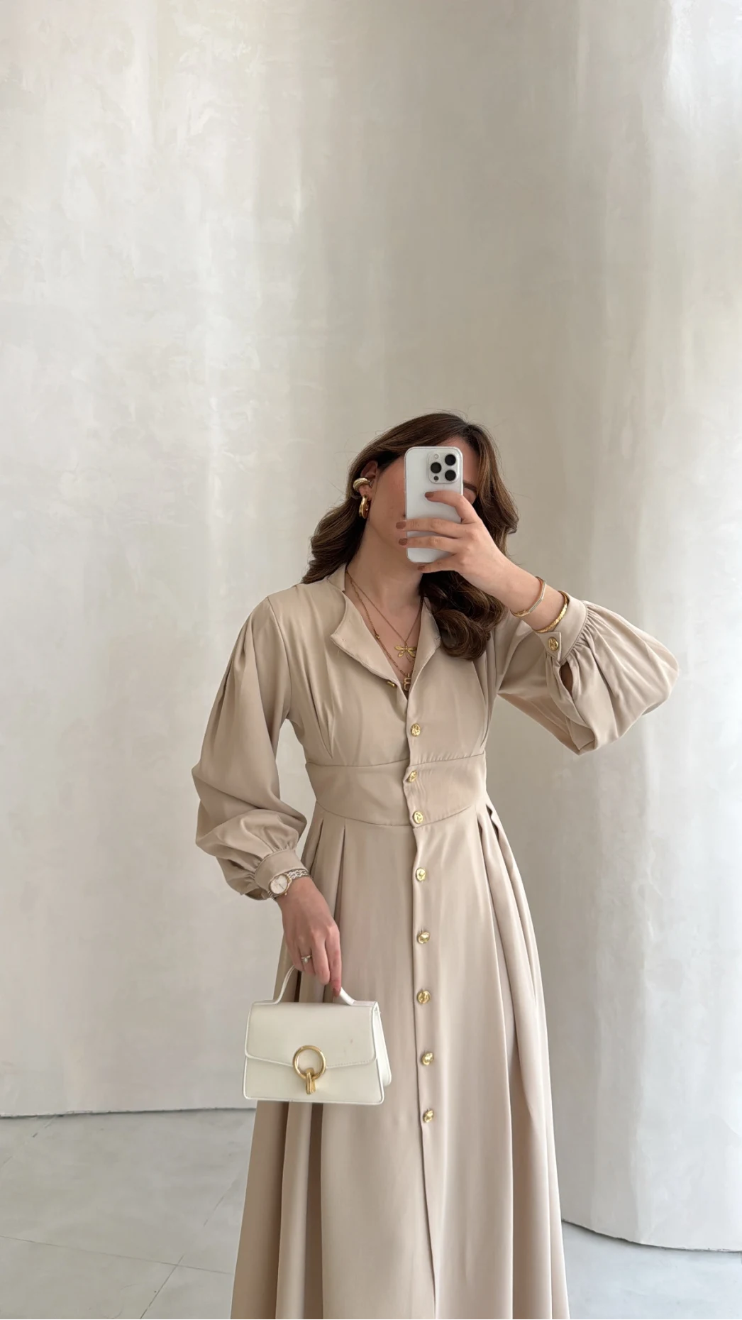 Naples Balon Kol Bel Detay Düğmeli Elbise - Taş - Kod: 4191