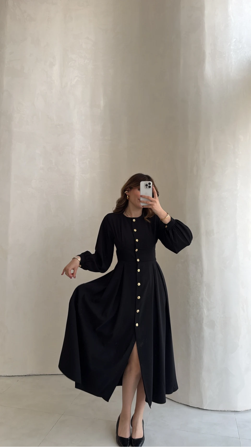 Naples Balon Kol Bel Detay Düğmeli Elbise - Siyah - Kod: 4191