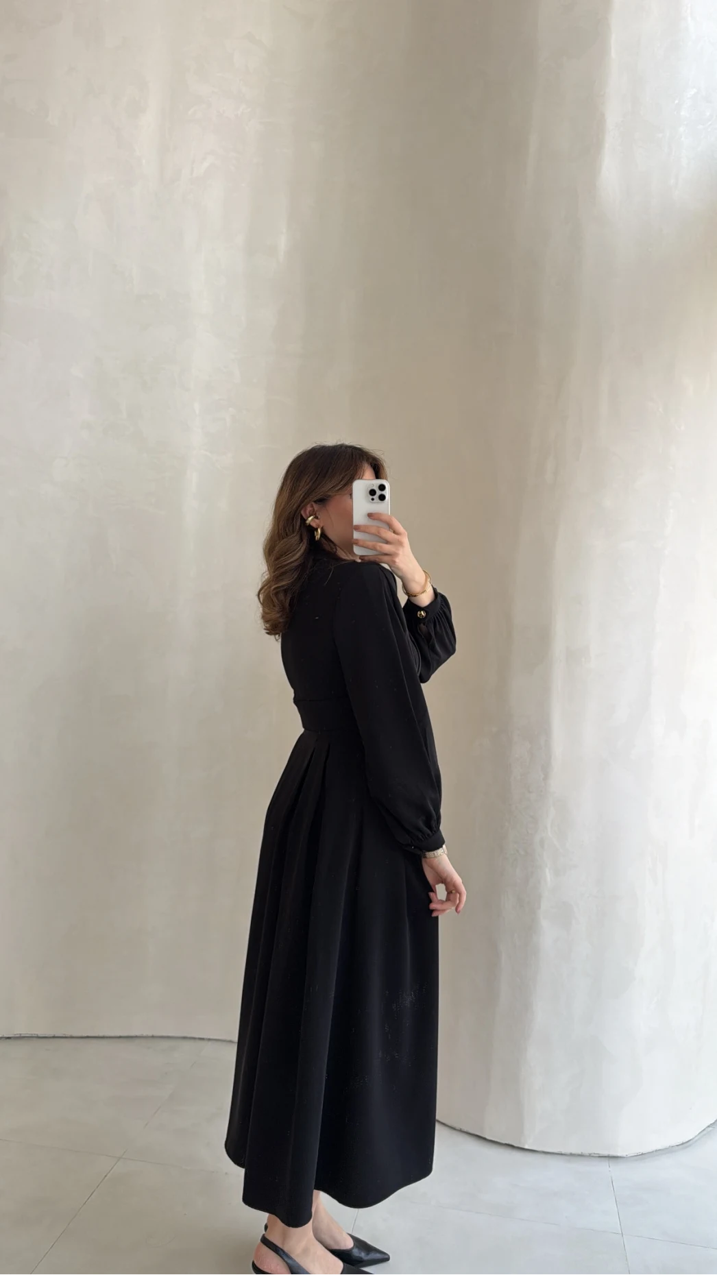 Naples Balon Kol Bel Detay Düğmeli Elbise - Siyah - Kod: 4191