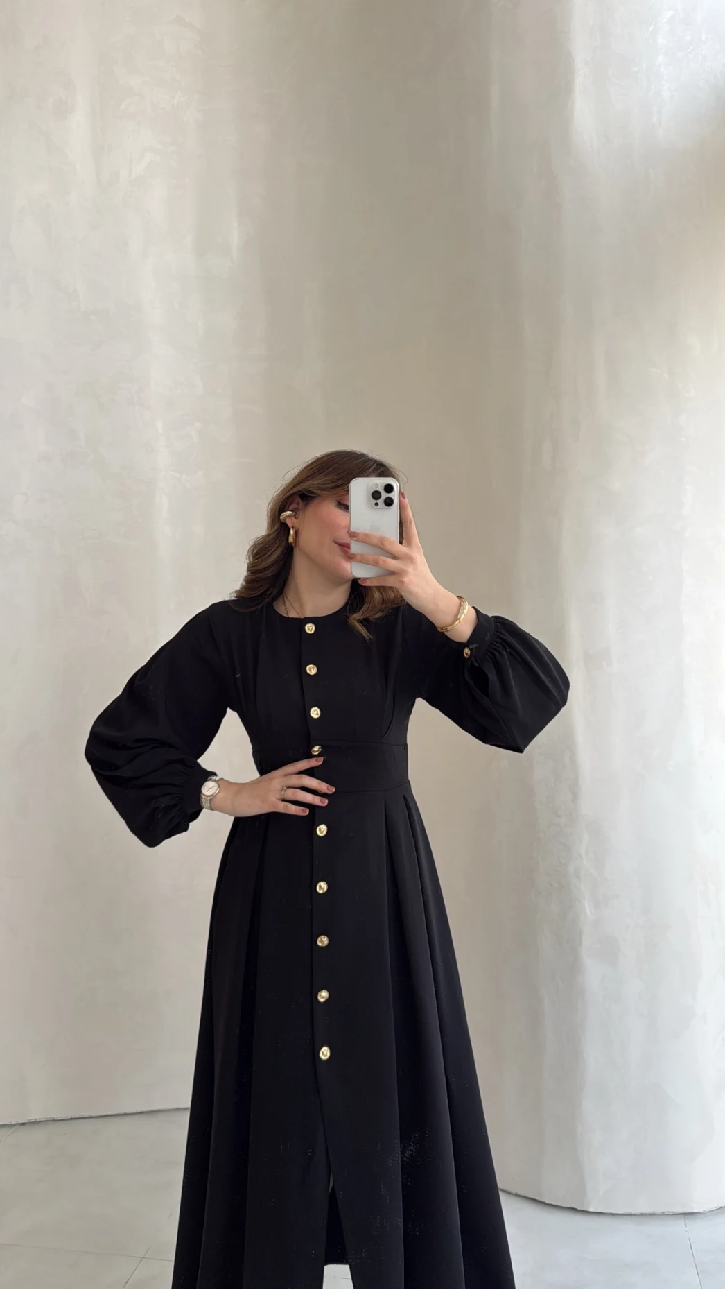 Naples Balon Kol Bel Detay Düğmeli Elbise - Siyah - Kod: 4191