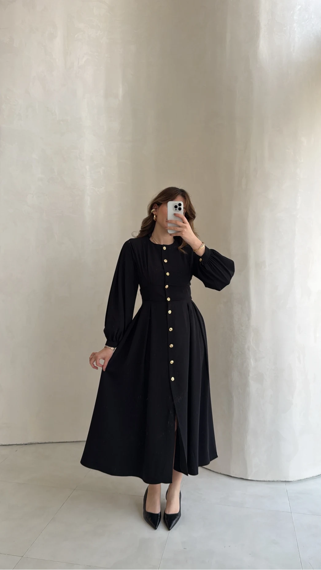 Naples Balon Kol Bel Detay Düğmeli Elbise - Siyah - Kod: 4191