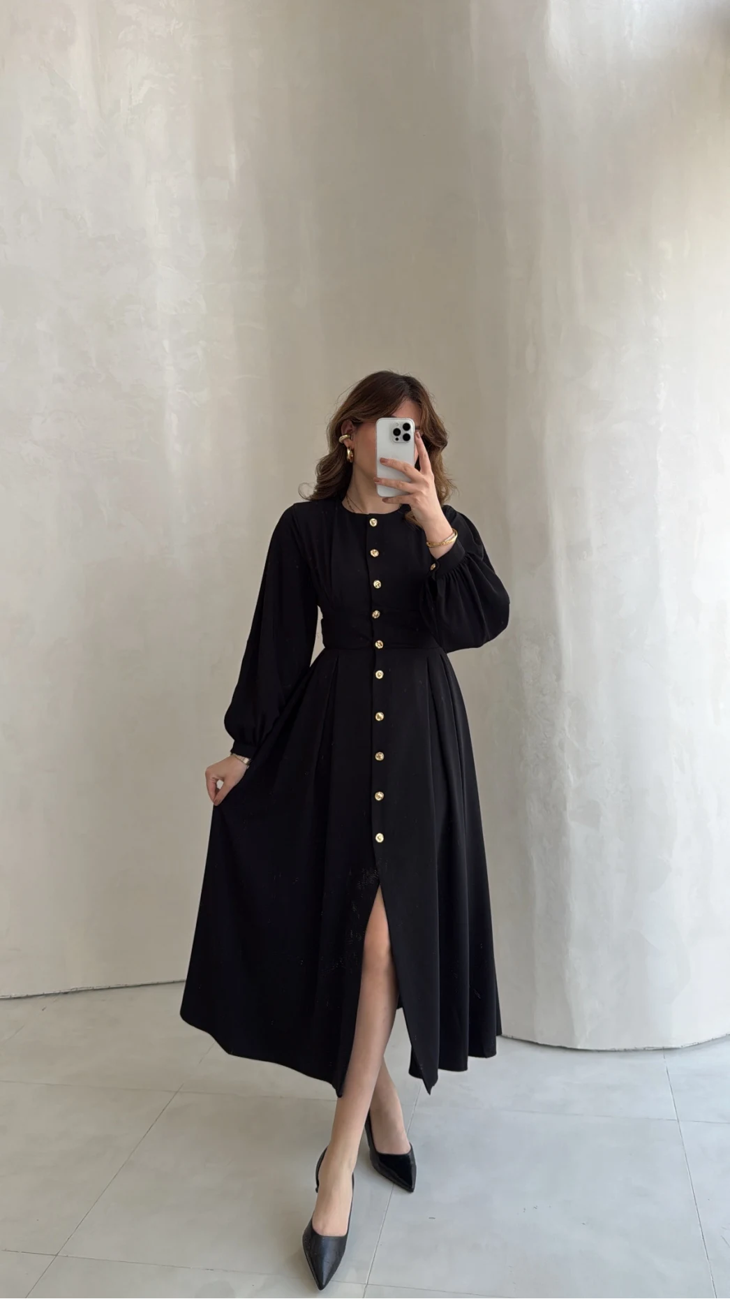 Naples Balon Kol Bel Detay Düğmeli Elbise - Siyah - Kod: 4191