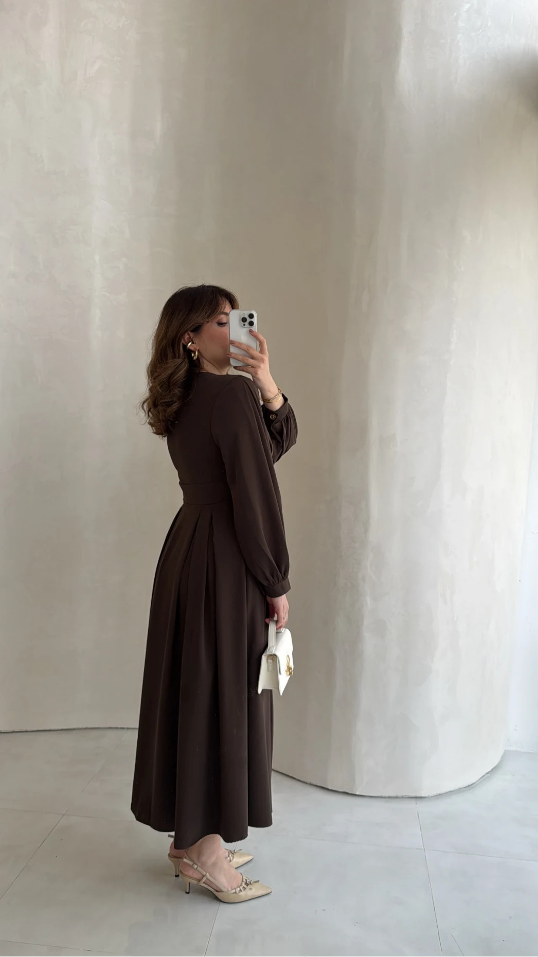 Naples Balon Kol Bel Detay Düğmeli Elbise - Kahverengi - Kod: 4191