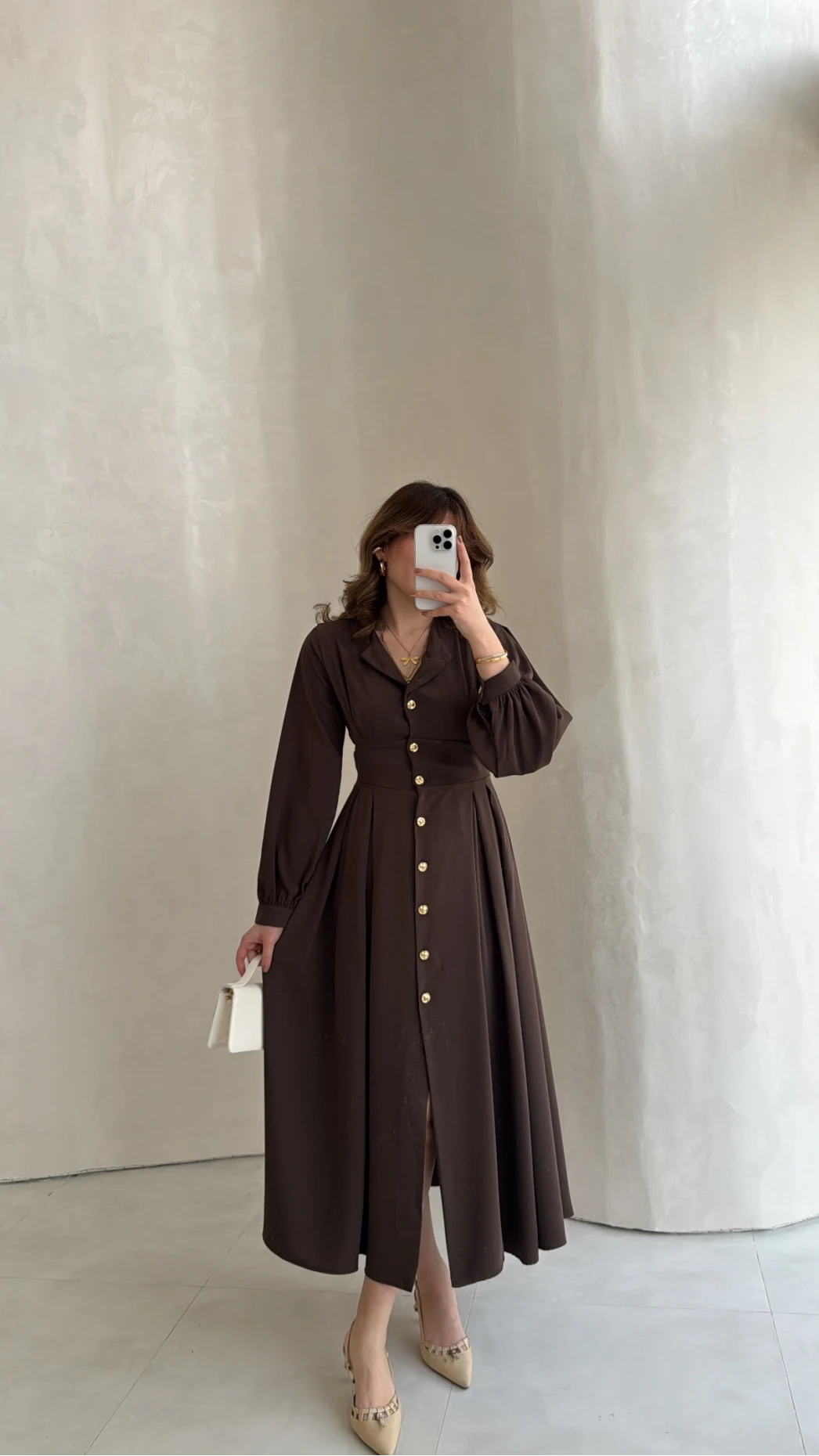 Naples Balon Kol Bel Detay Düğmeli Elbise - Kahverengi - Kod: 4191