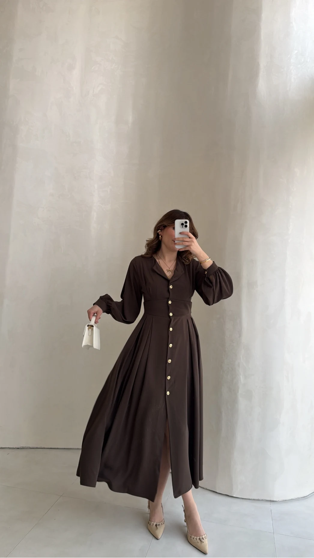 Naples Balon Kol Bel Detay Düğmeli Elbise - Kahverengi - Kod: 4191