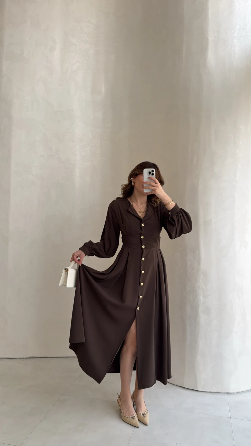 Naples Balon Kol Bel Detay Düğmeli Elbise - Kahverengi - Kod: 4191