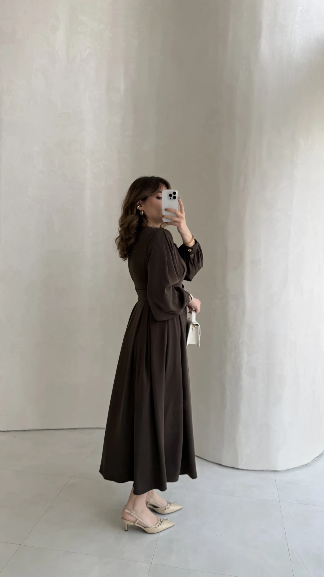 Naples Balon Kol Bel Detay Düğmeli Elbise - Kahverengi - Kod: 4191