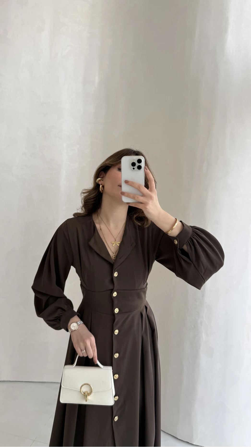 Naples Balon Kol Bel Detay Düğmeli Elbise - Kahverengi - Kod: 4191