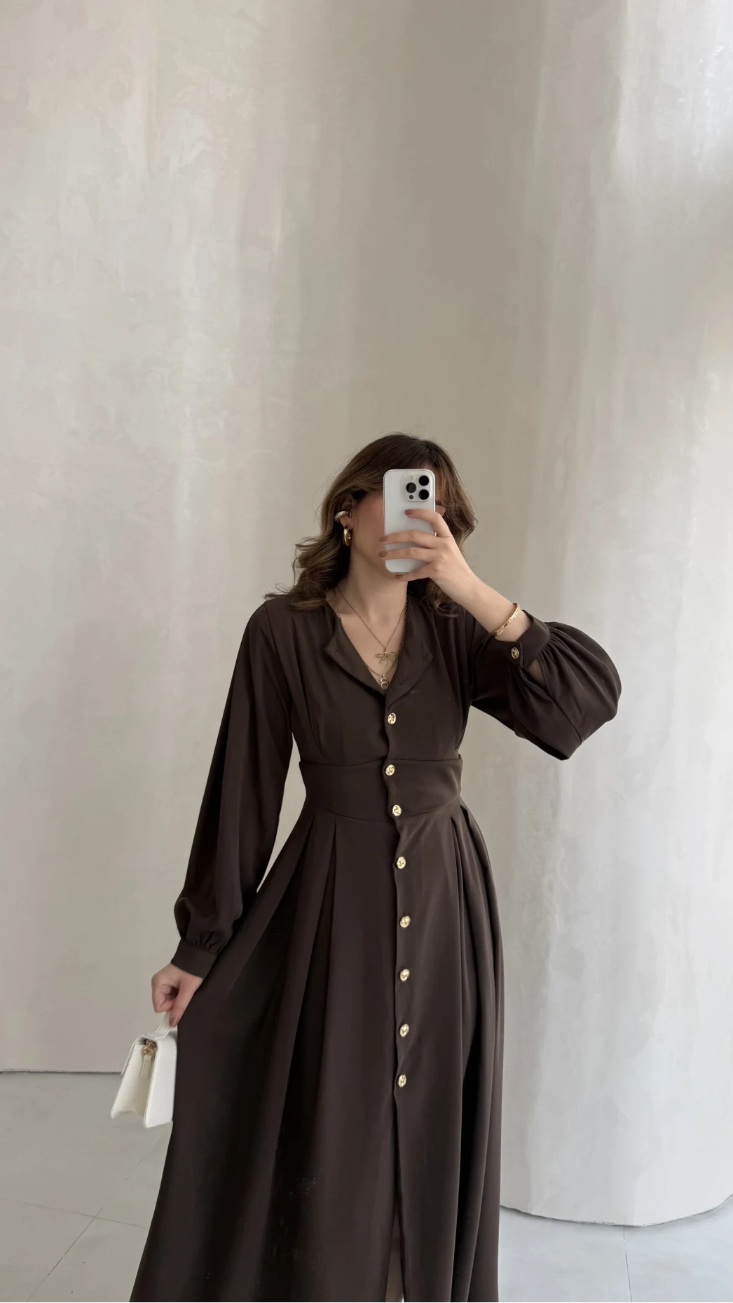 Naples Balon Kol Bel Detay Düğmeli Elbise - Kahverengi - Kod: 4191