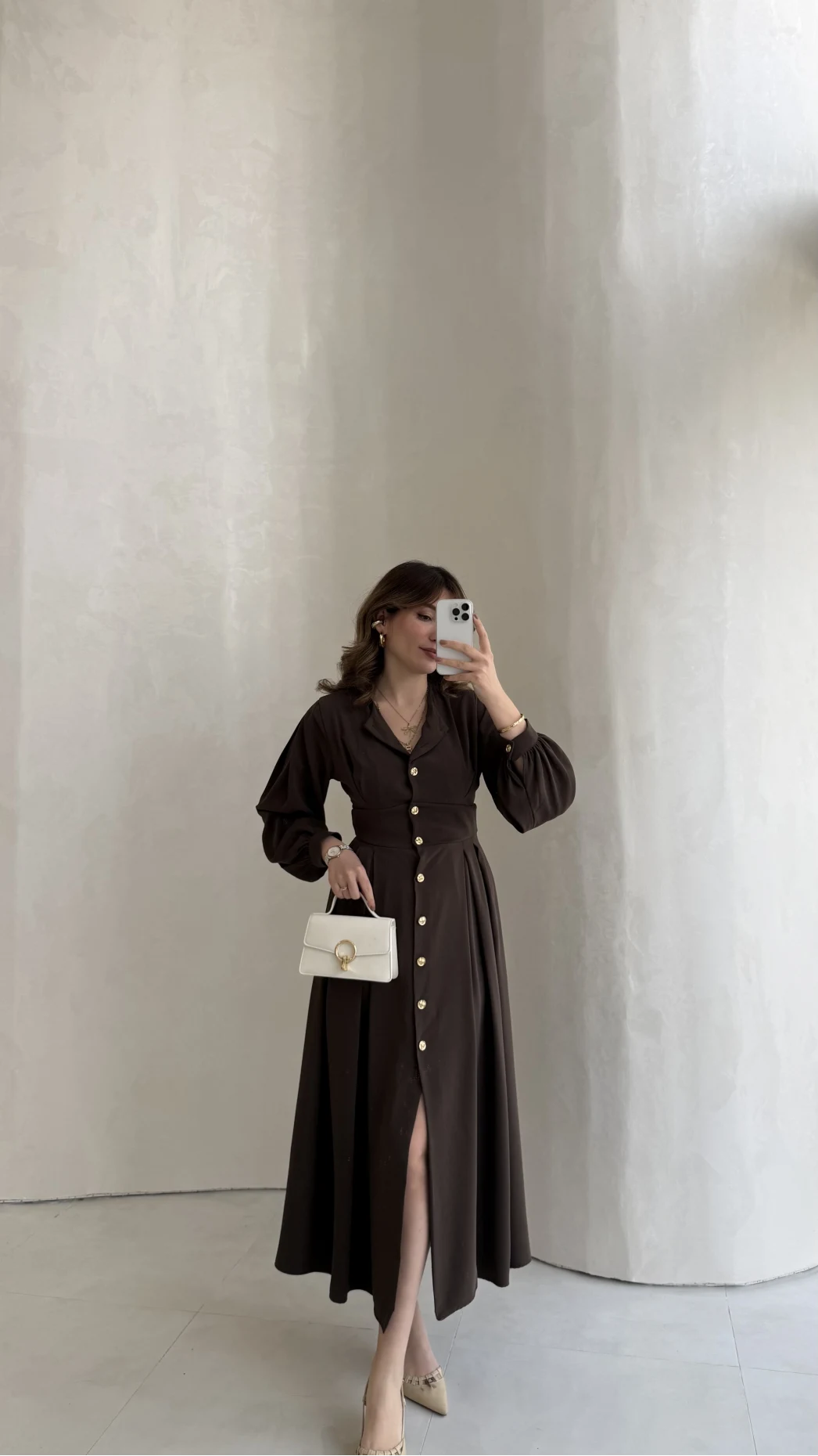 Naples Balon Kol Bel Detay Düğmeli Elbise - Kahverengi - Kod: 4191