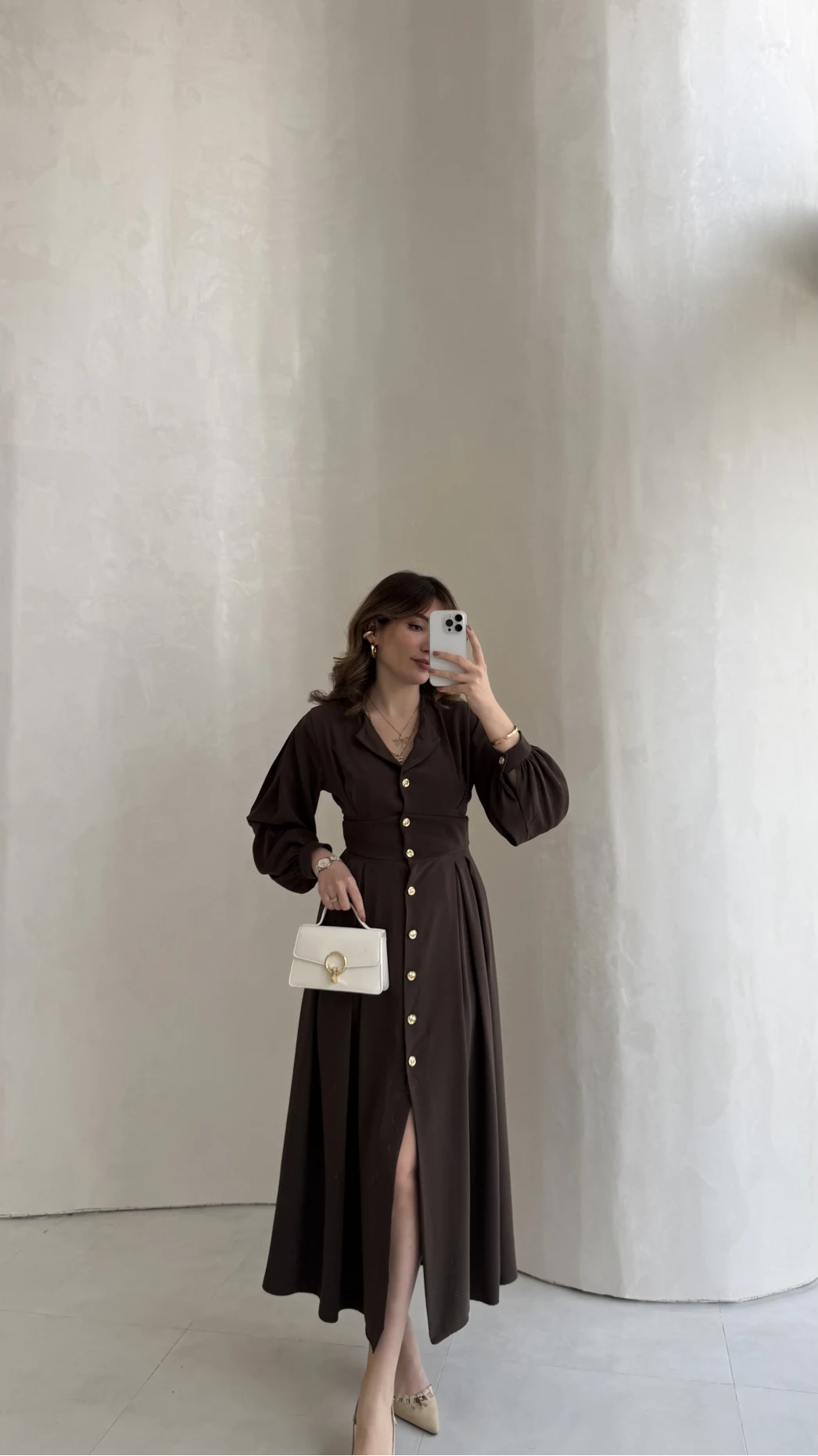 Naples Balon Kol Bel Detay Düğmeli Elbise - Kahverengi - Kod: 4191