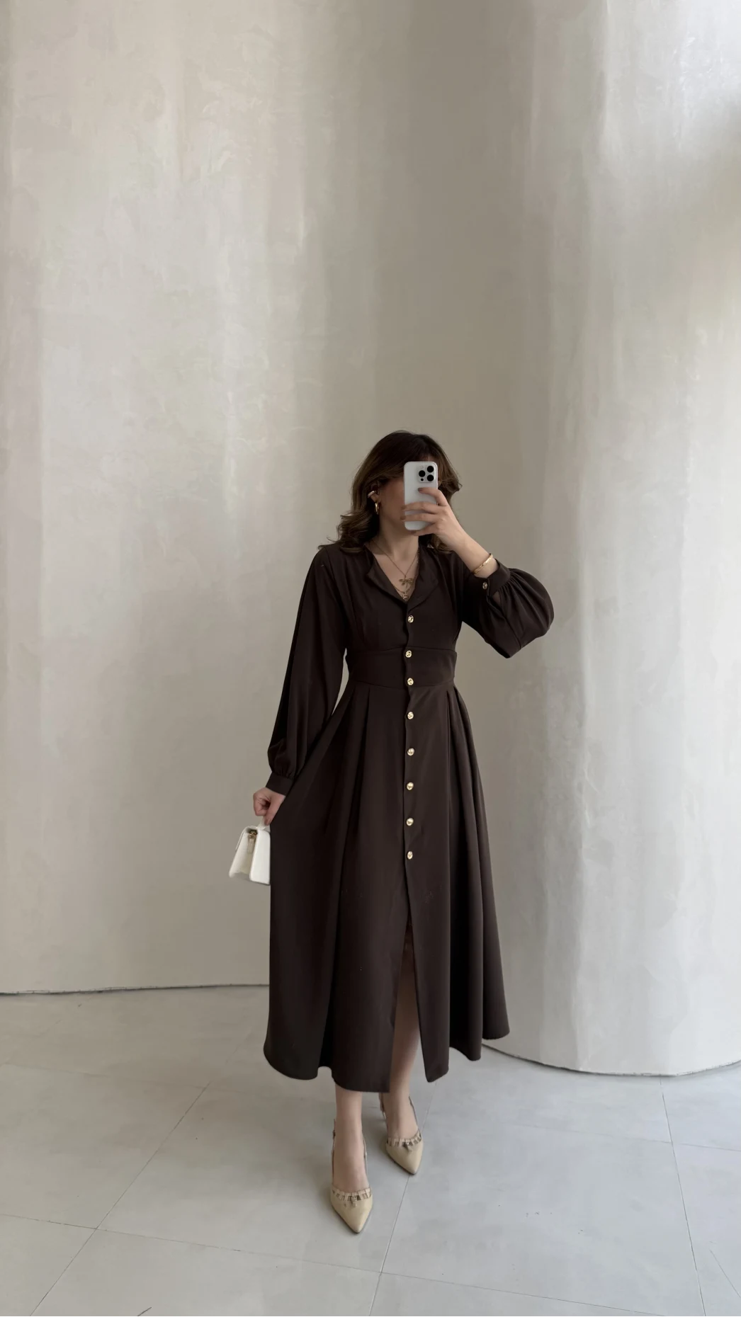 Naples Balon Kol Bel Detay Düğmeli Elbise - Kahverengi - Kod: 4191