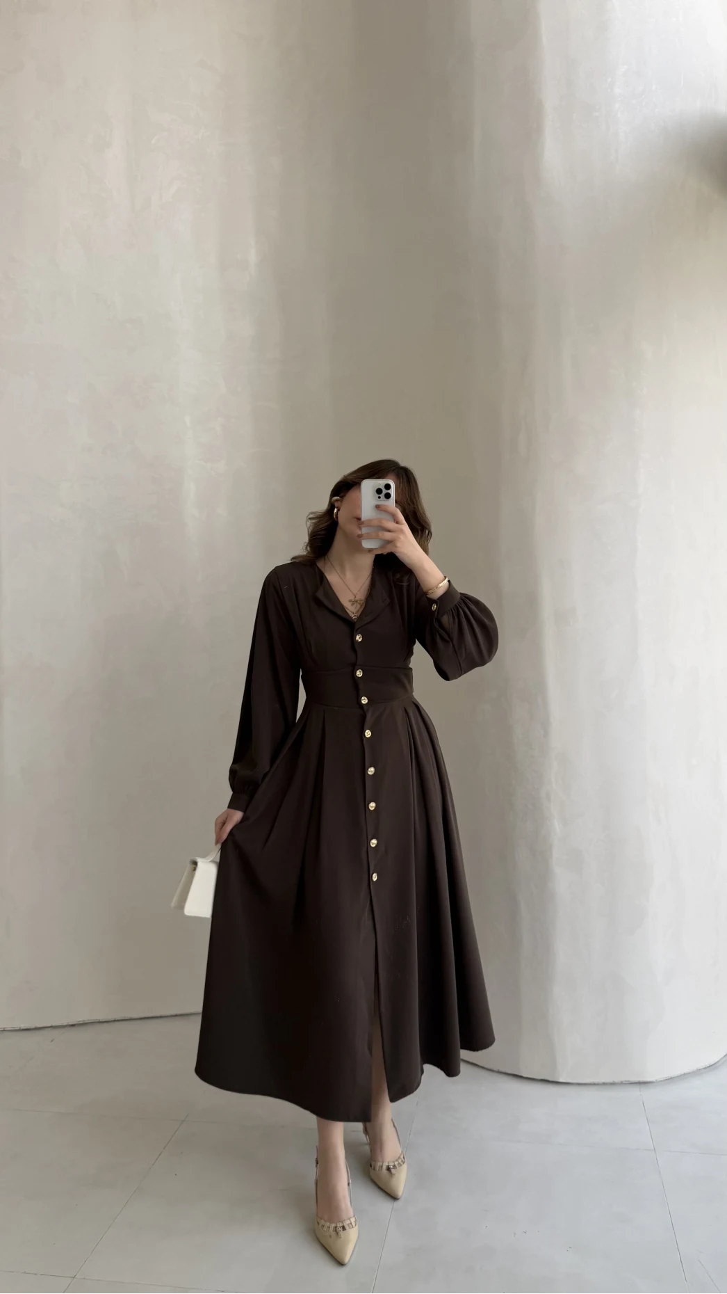 Naples Balon Kol Bel Detay Düğmeli Elbise - Kahverengi - Kod: 4191