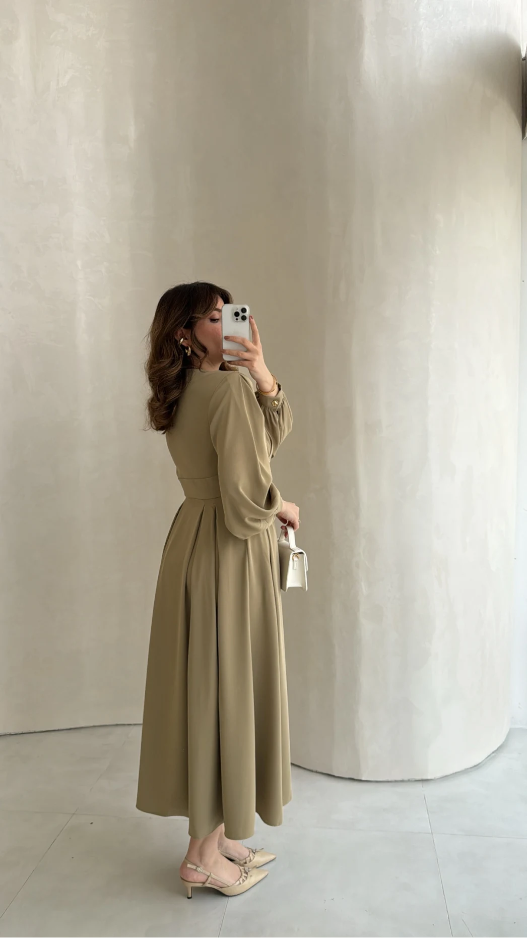 Naples Balon Kol Bel Detay Düğmeli Elbise - Haki - Kod: 4191