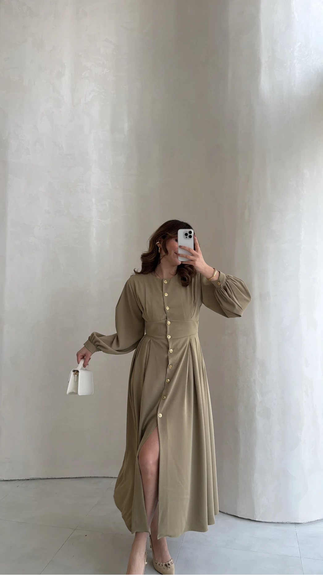 Naples Balon Kol Bel Detay Düğmeli Elbise - Haki - Kod: 4191