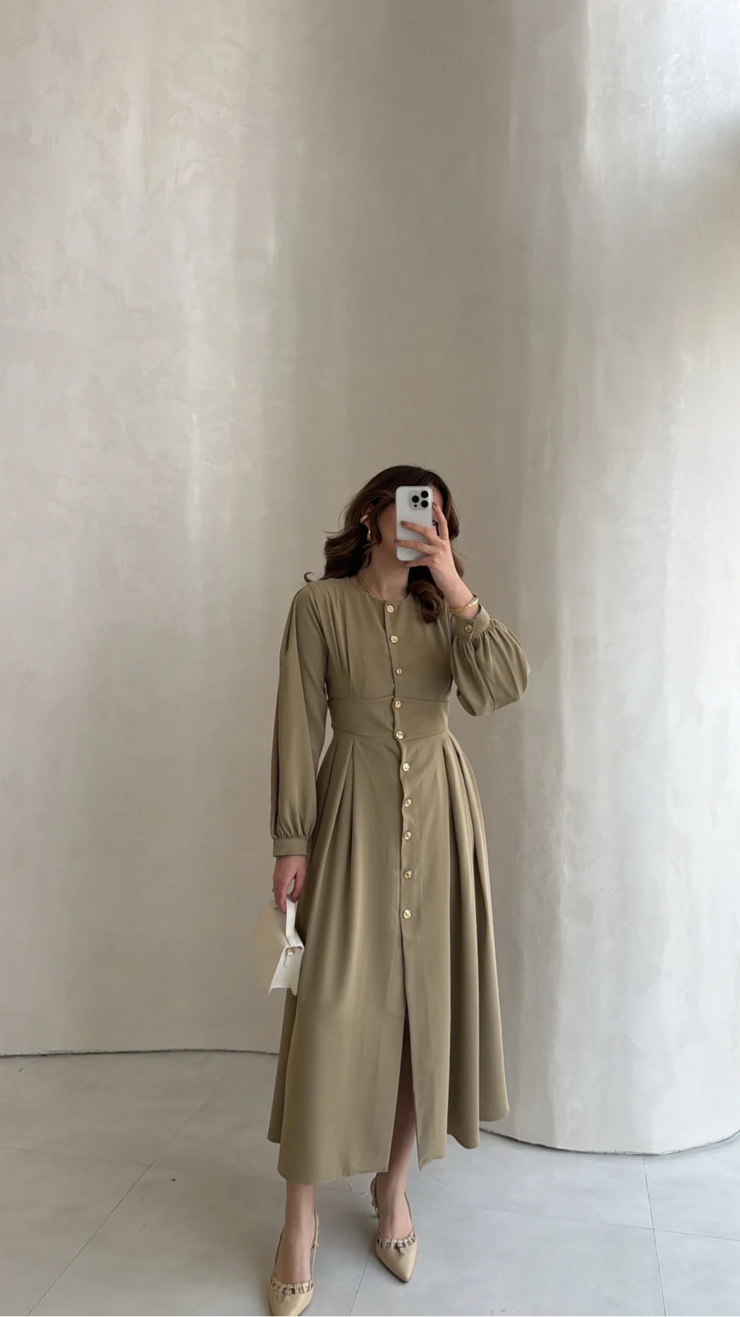 Naples Balon Kol Bel Detay Düğmeli Elbise - Haki - Kod: 4191