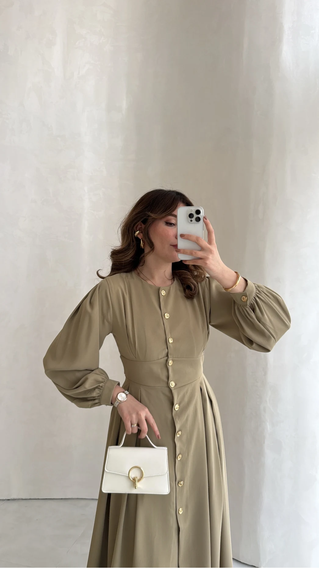 Naples Balon Kol Bel Detay Düğmeli Elbise - Haki - Kod: 4191