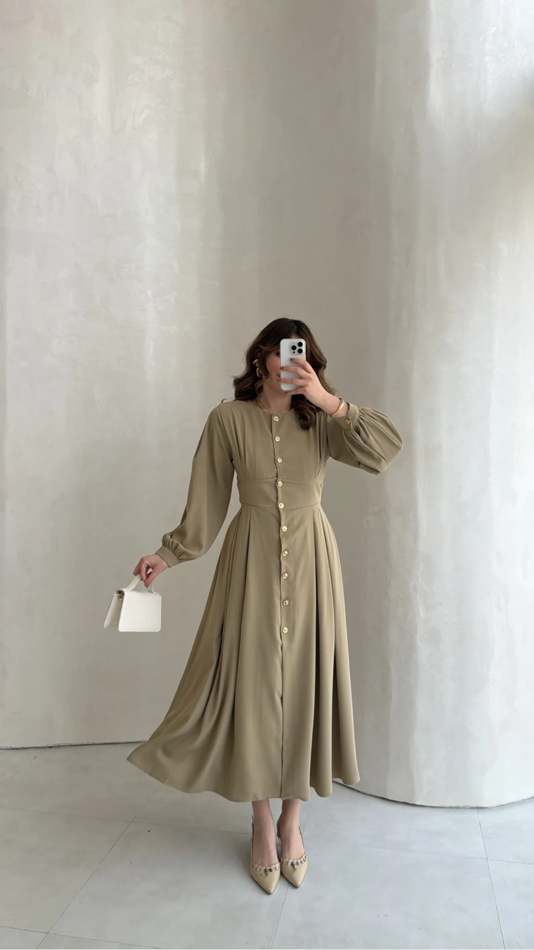 Naples Balon Kol Bel Detay Düğmeli Elbise - Haki - Kod: 4191