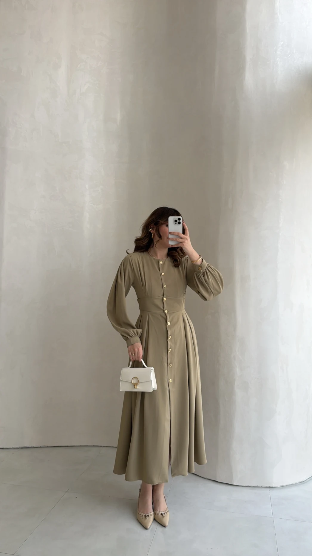 Naples Balon Kol Bel Detay Düğmeli Elbise - Haki - Kod: 4191