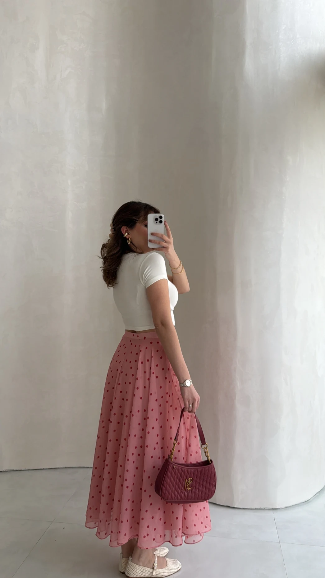 Şifon Puantiye Desenli Kloş Etek - Pembe - Kod: 0613