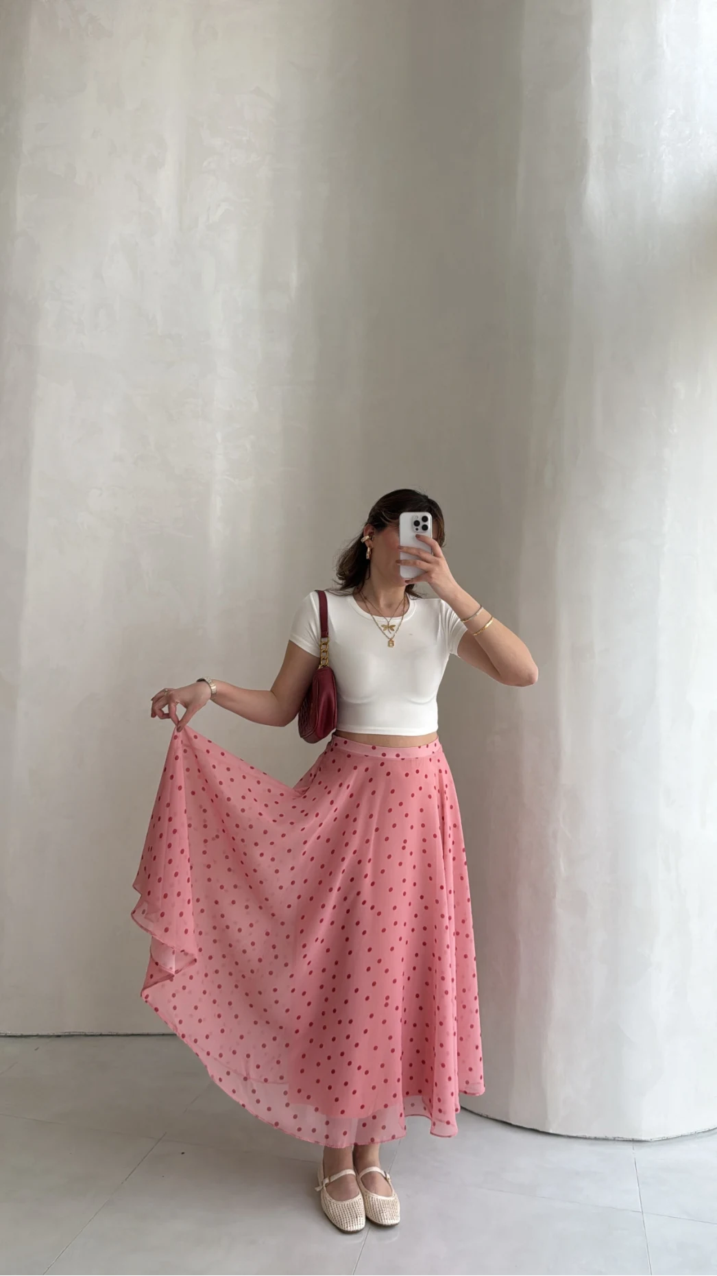 Şifon Puantiye Desenli Kloş Etek - Pembe - Kod: 0613