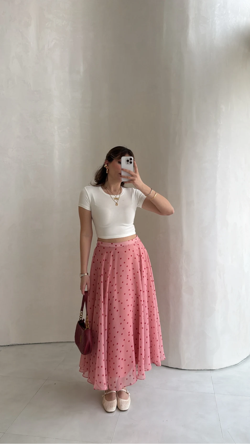 Şifon Puantiye Desenli Kloş Etek - Pembe - Kod: 0613