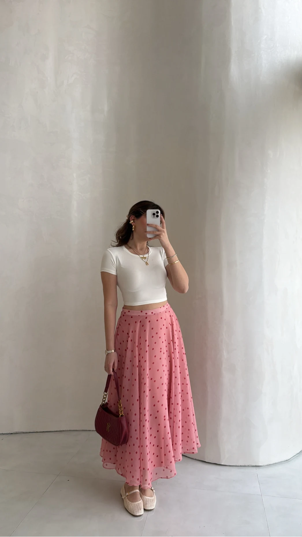 Şifon Puantiye Desenli Kloş Etek - Pembe - Kod: 0613