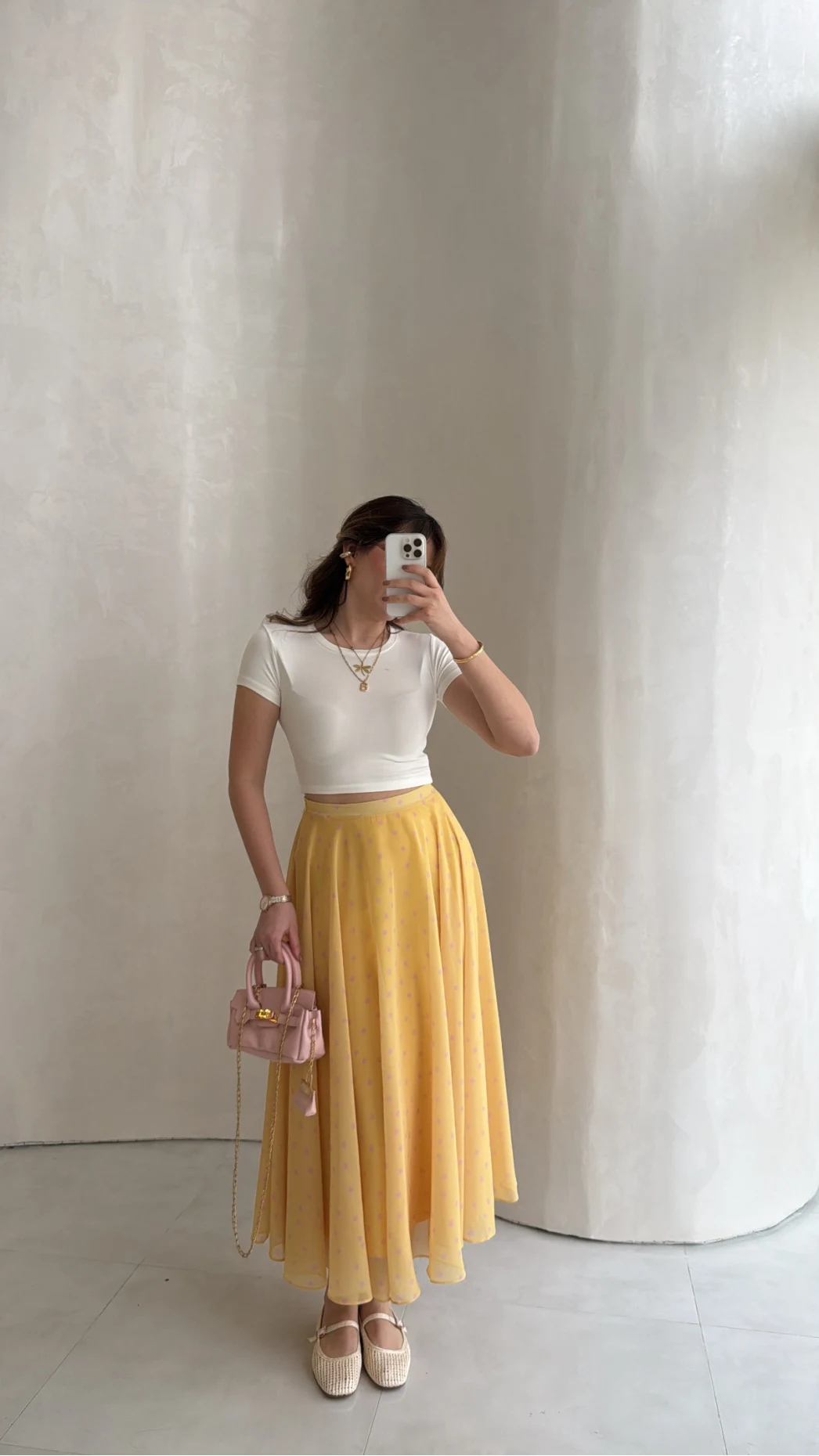 Şifon Puantiye Desenli Kloş Etek - Sarı - Kod: 0613