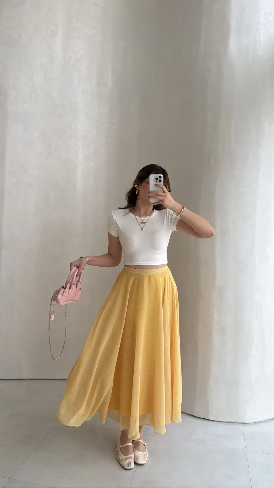 Şifon Puantiye Desenli Kloş Etek - Sarı - Kod: 0613