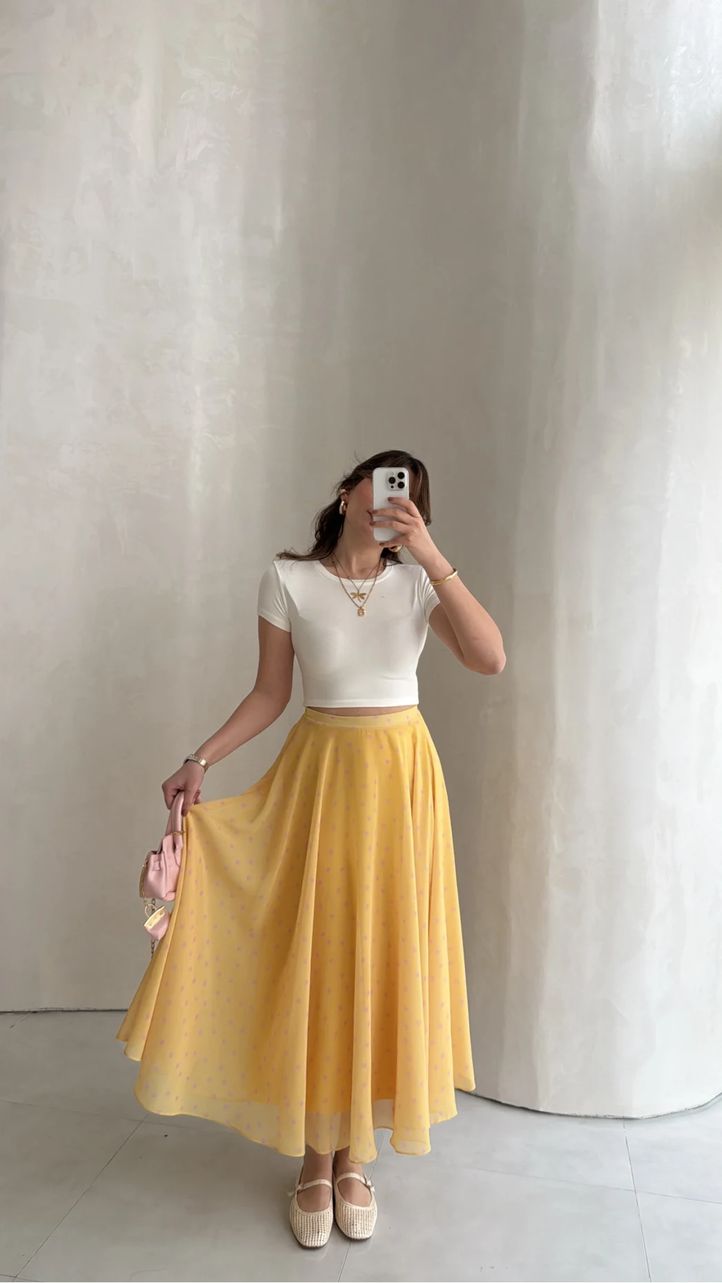 Şifon Puantiye Desenli Kloş Etek - Sarı - Kod: 0613