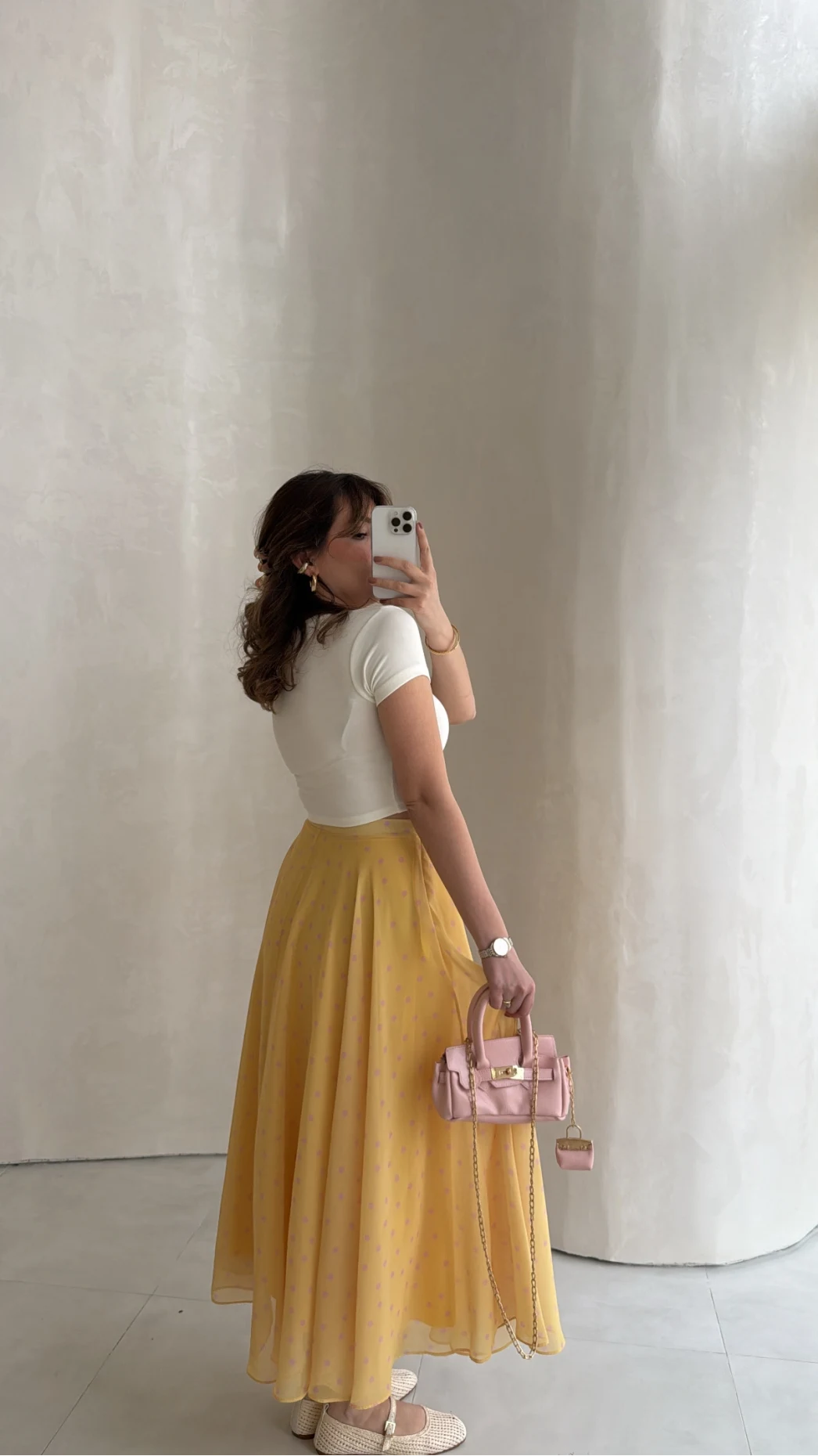 Şifon Puantiye Desenli Kloş Etek - Sarı - Kod: 0613