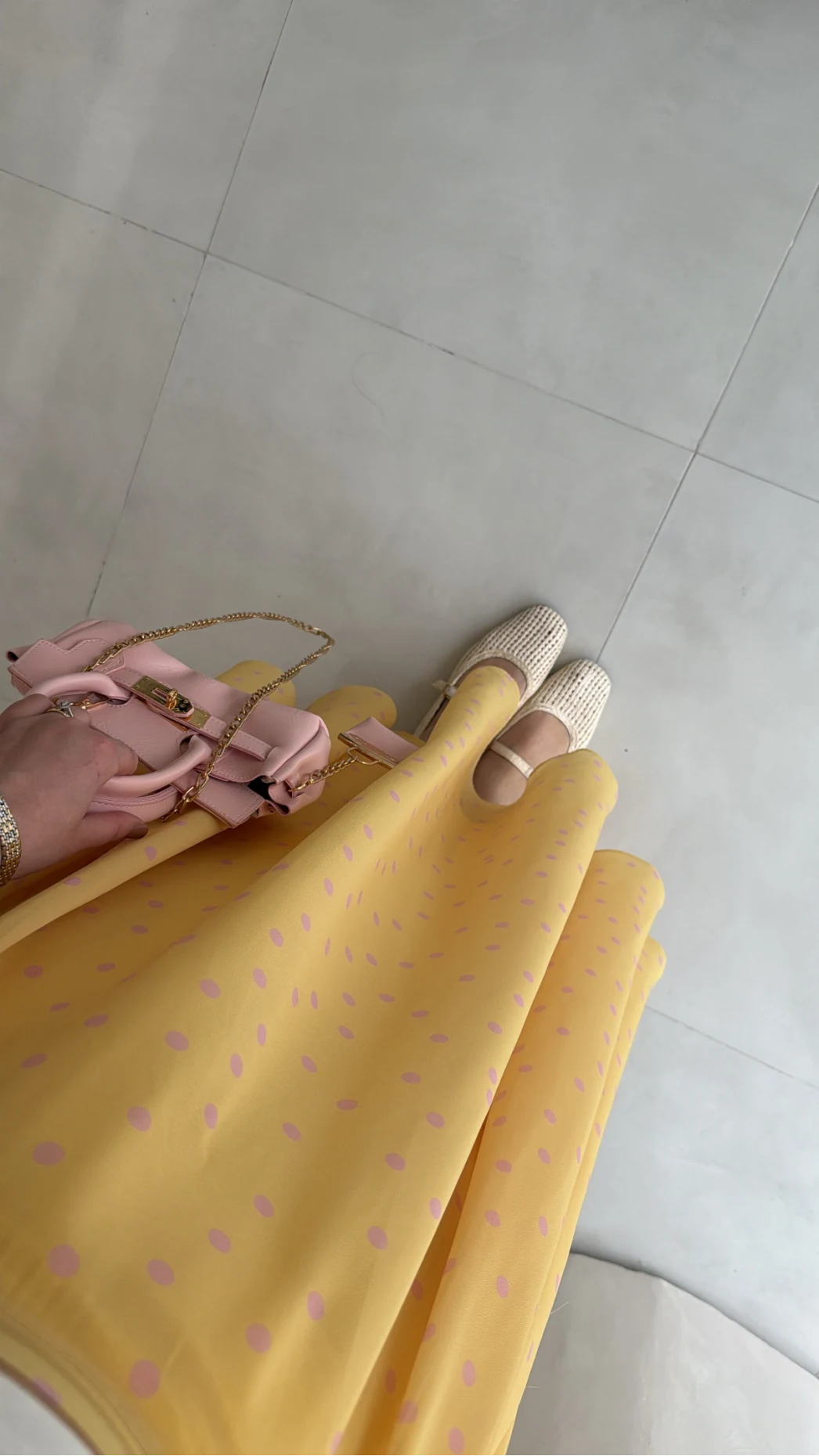 Şifon Puantiye Desenli Kloş Etek - Sarı - Kod: 0613