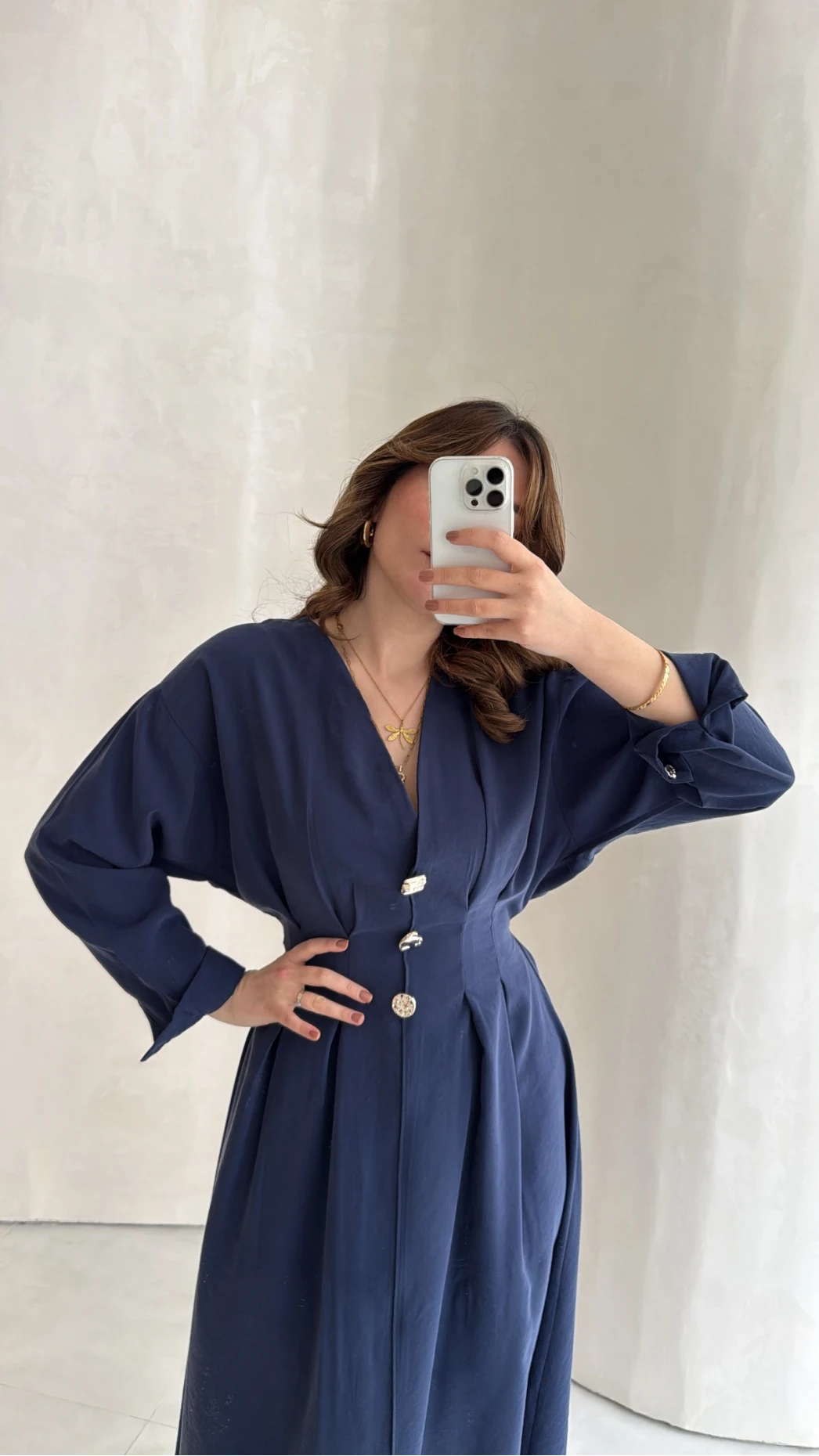 Önü Aksesuar Detaylı Modal Elbise - Lacivert - Kod: 3078