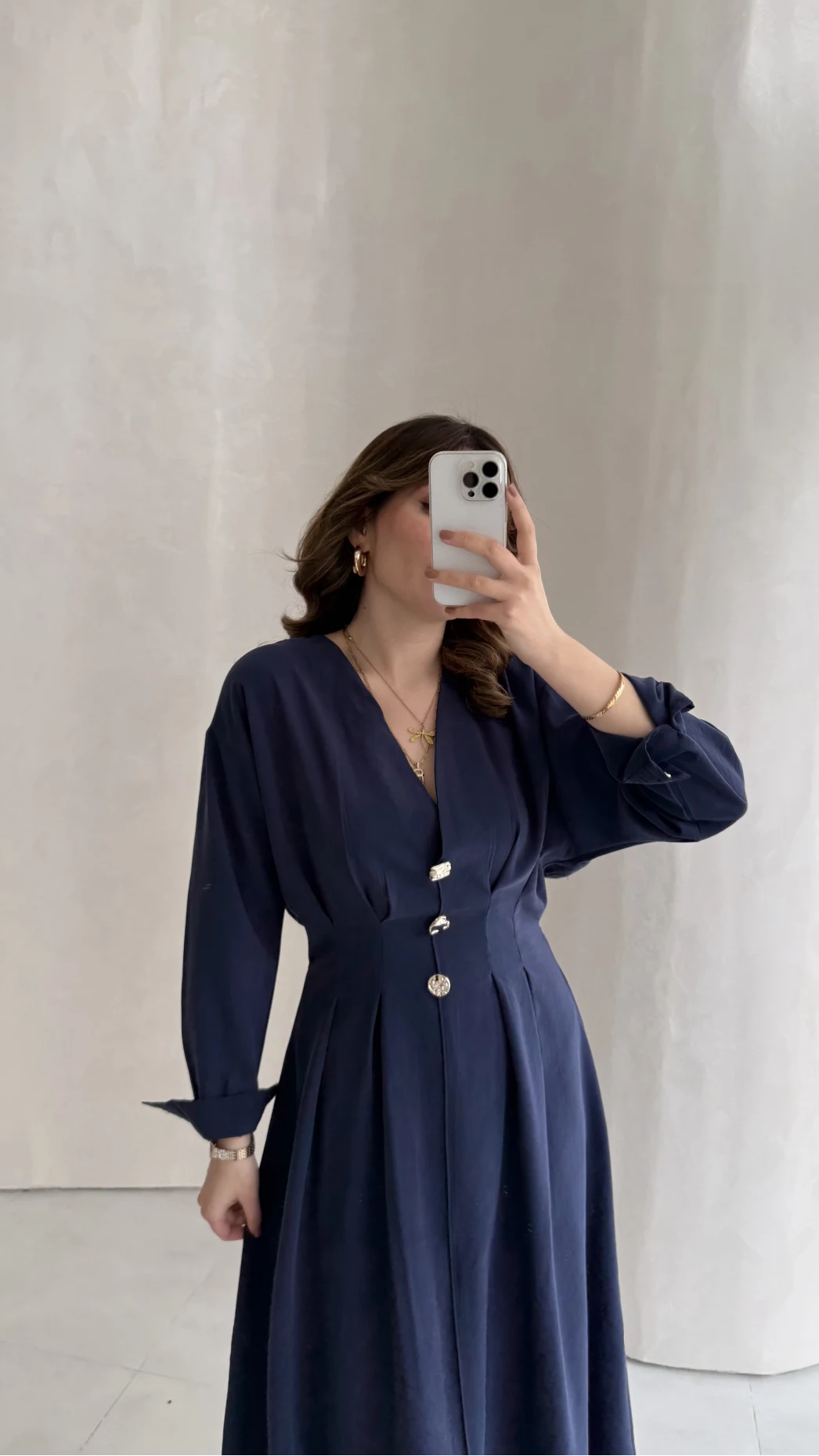 Önü Aksesuar Detaylı Modal Elbise - Lacivert - Kod: 3078