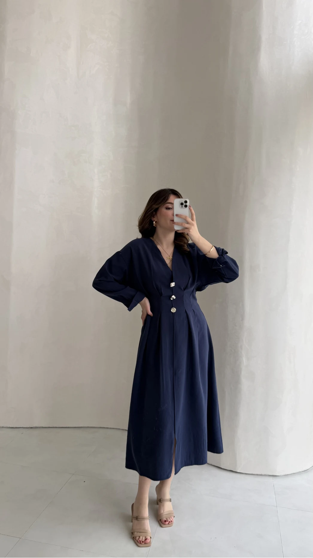 Önü Aksesuar Detaylı Modal Elbise - Lacivert - Kod: 3078