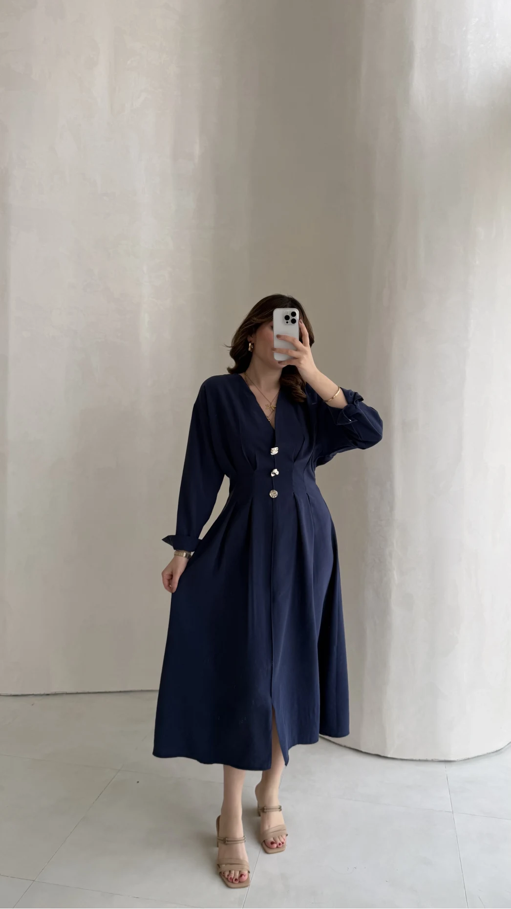 Önü Aksesuar Detaylı Modal Elbise - Lacivert - Kod: 3078