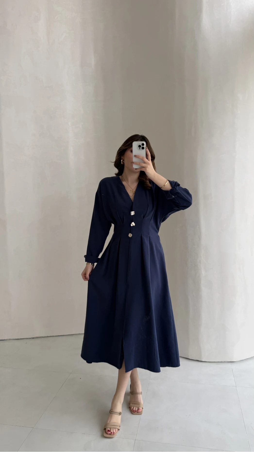 Önü Aksesuar Detaylı Modal Elbise - Lacivert - Kod: 3078