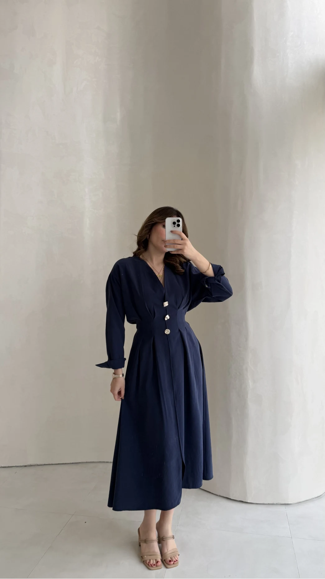 Önü Aksesuar Detaylı Modal Elbise - Lacivert - Kod: 3078