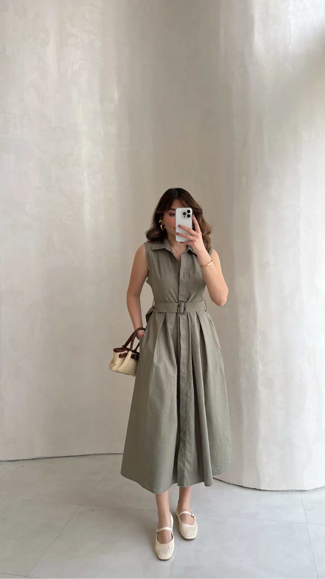 Keten Sıfır Kol Kuşaklı Elbise - Haki - Kod: 580905