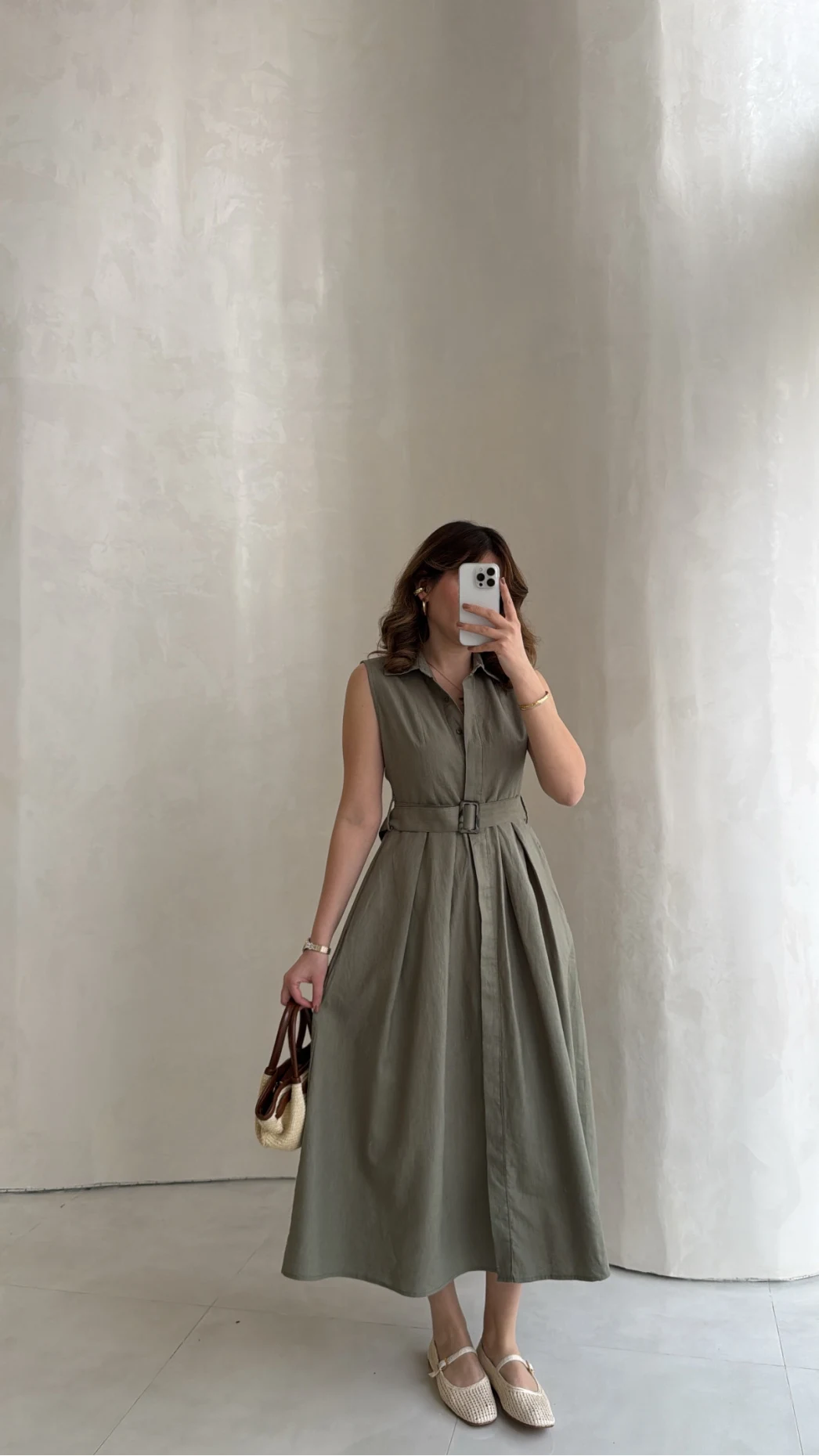 Keten Sıfır Kol Kuşaklı Elbise - Haki - Kod: 580905