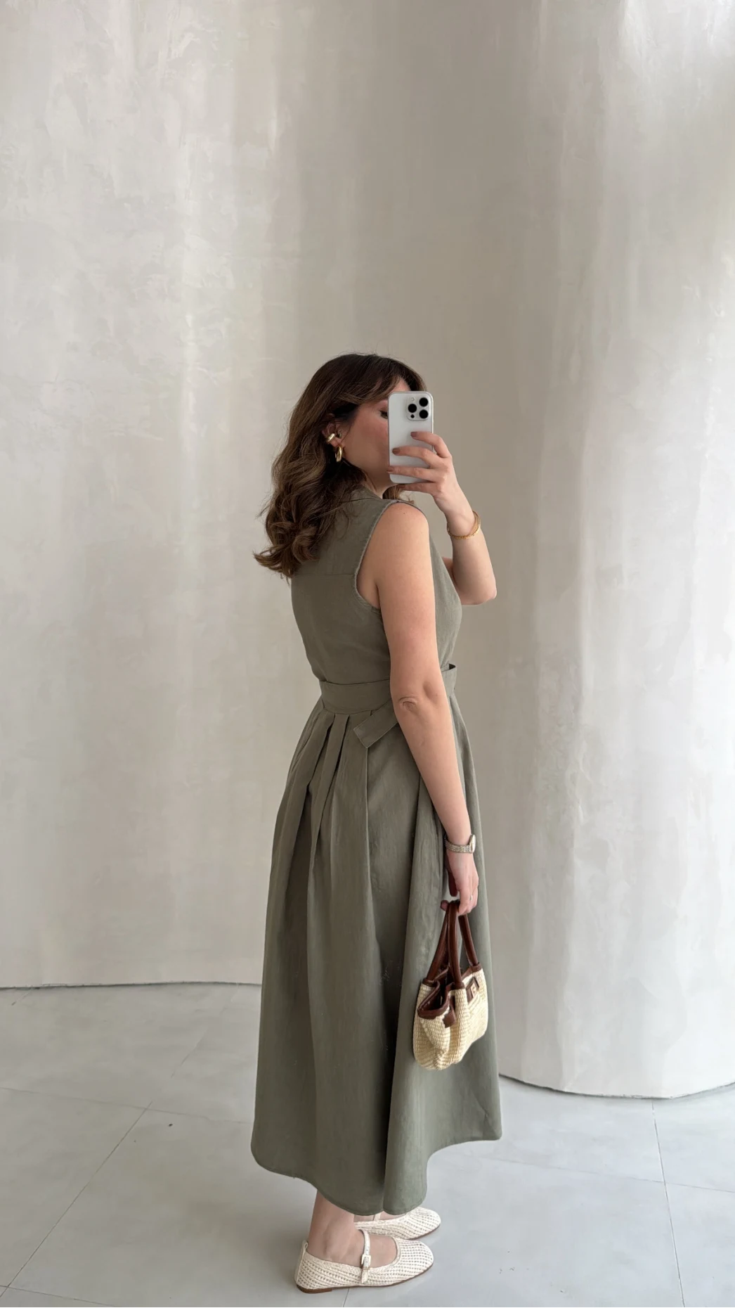 Keten Sıfır Kol Kuşaklı Elbise - Haki - Kod: 580905