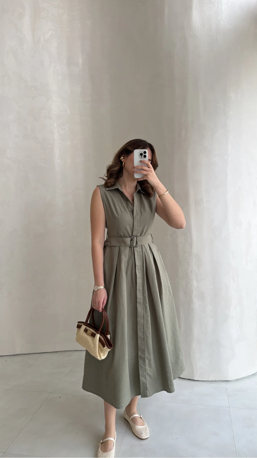 Keten Sıfır Kol Kuşaklı Elbise - Haki - Kod: 580905
