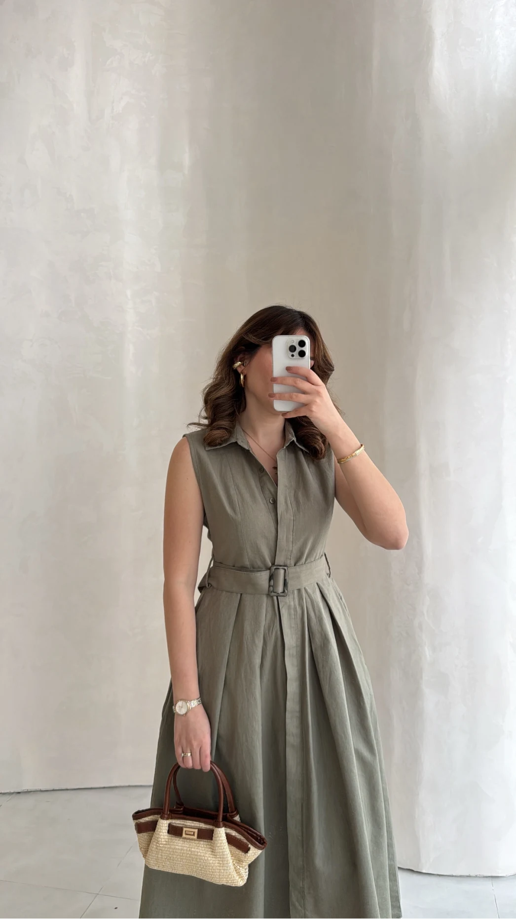 Keten Sıfır Kol Kuşaklı Elbise - Haki - Kod: 580905