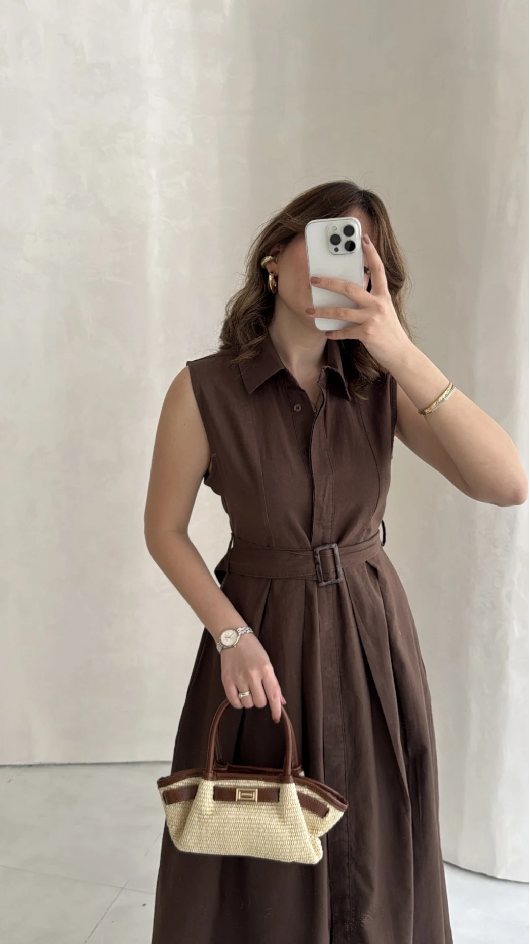 Keten Sıfır Kol Kuşaklı Elbise - Kahverengi - Kod: 580905